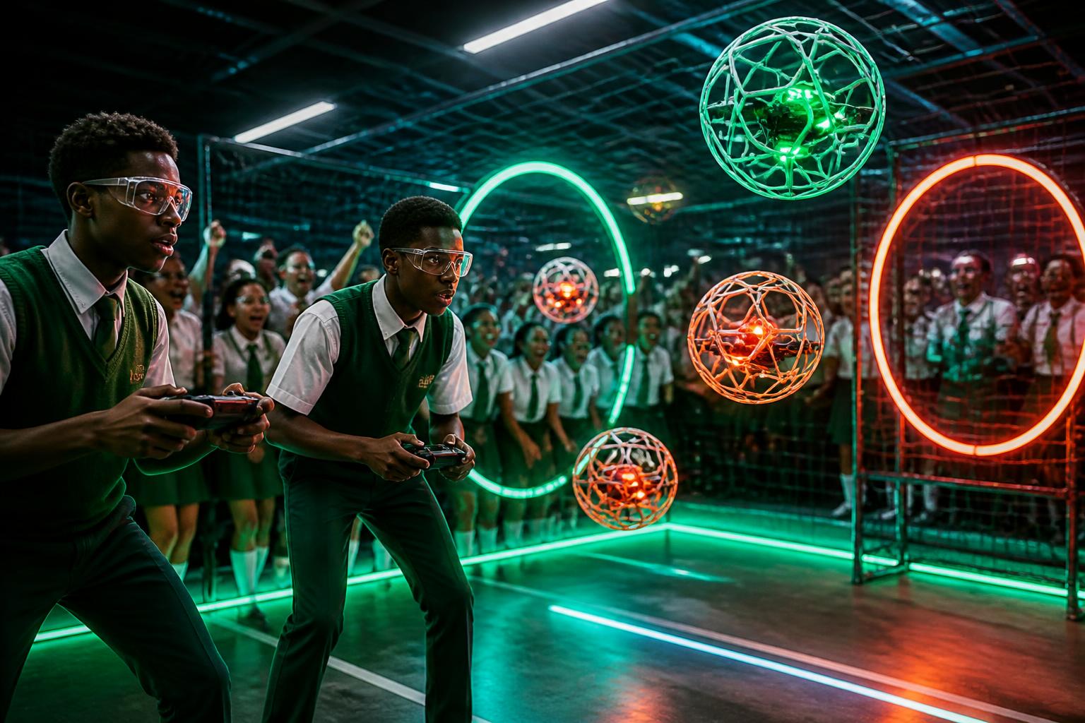 Nigerian students piloting drone soccer balls in a neon arena